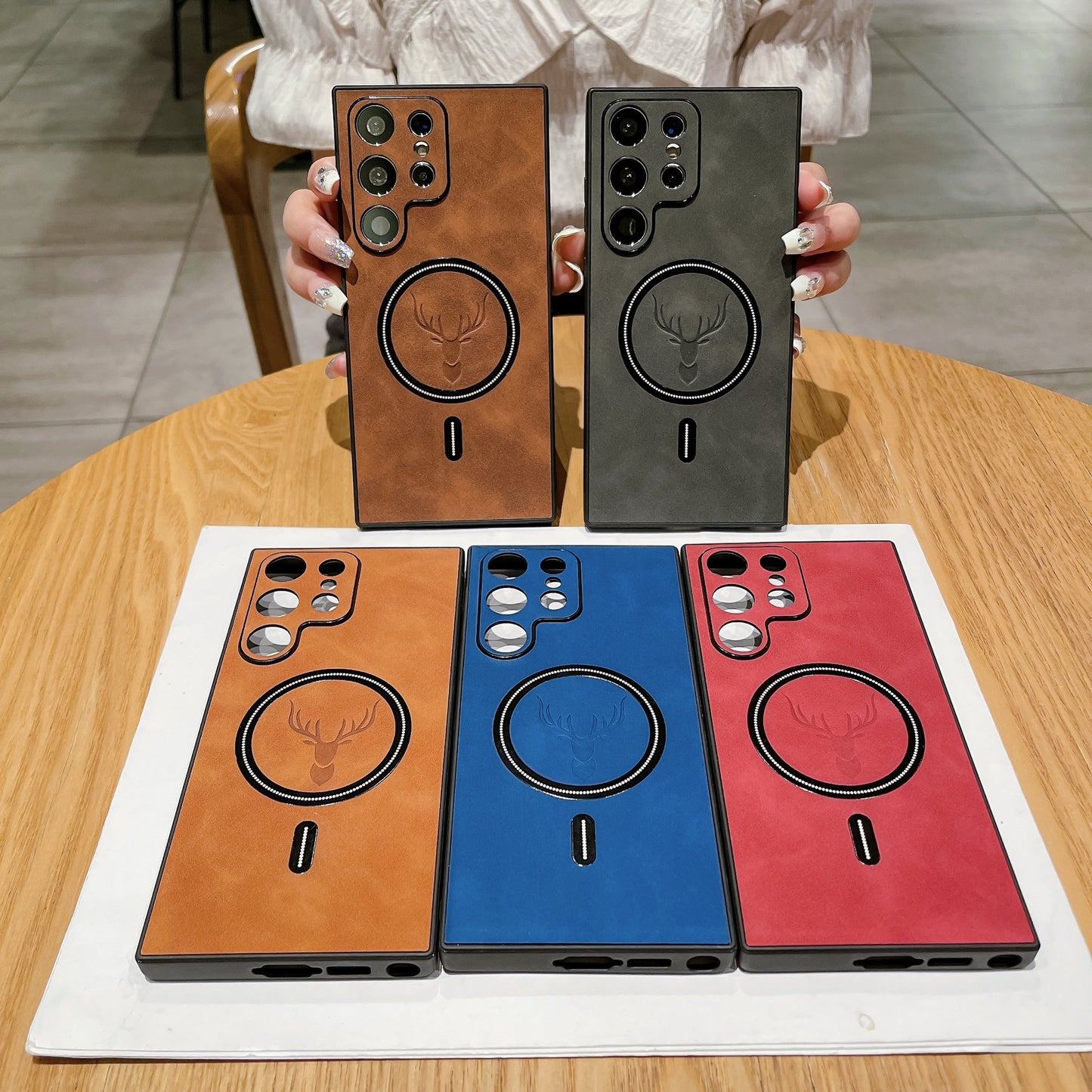 S23 Deer Head Magnetic Wireless Charger Leather Pattern Phone Case