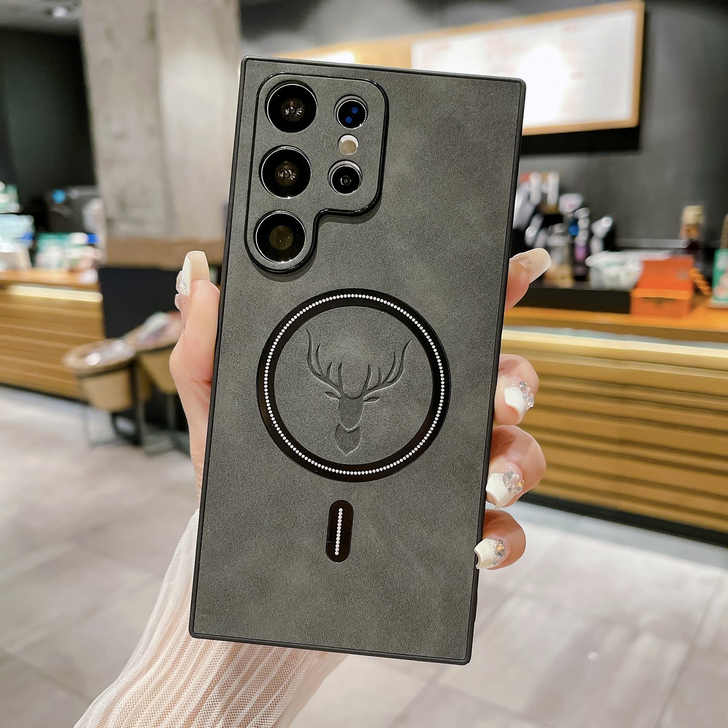 S23 Deer Head Magnetic Wireless Charger Leather Pattern Phone Case