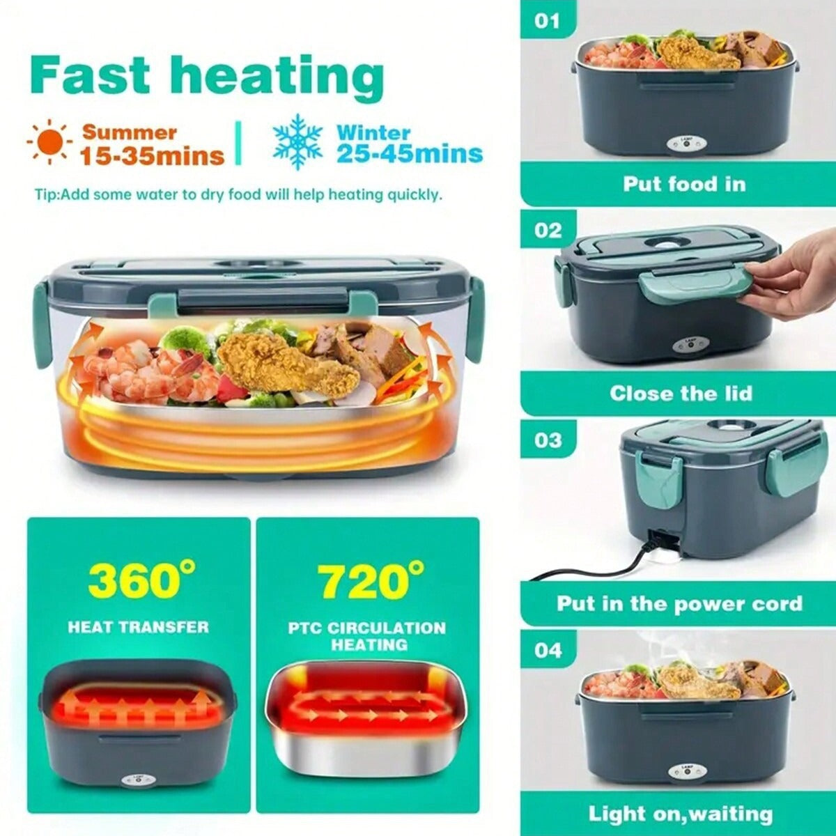 Electric Lunch Box Food Heater 3 In 1 Ultra Quick Heated Lu
