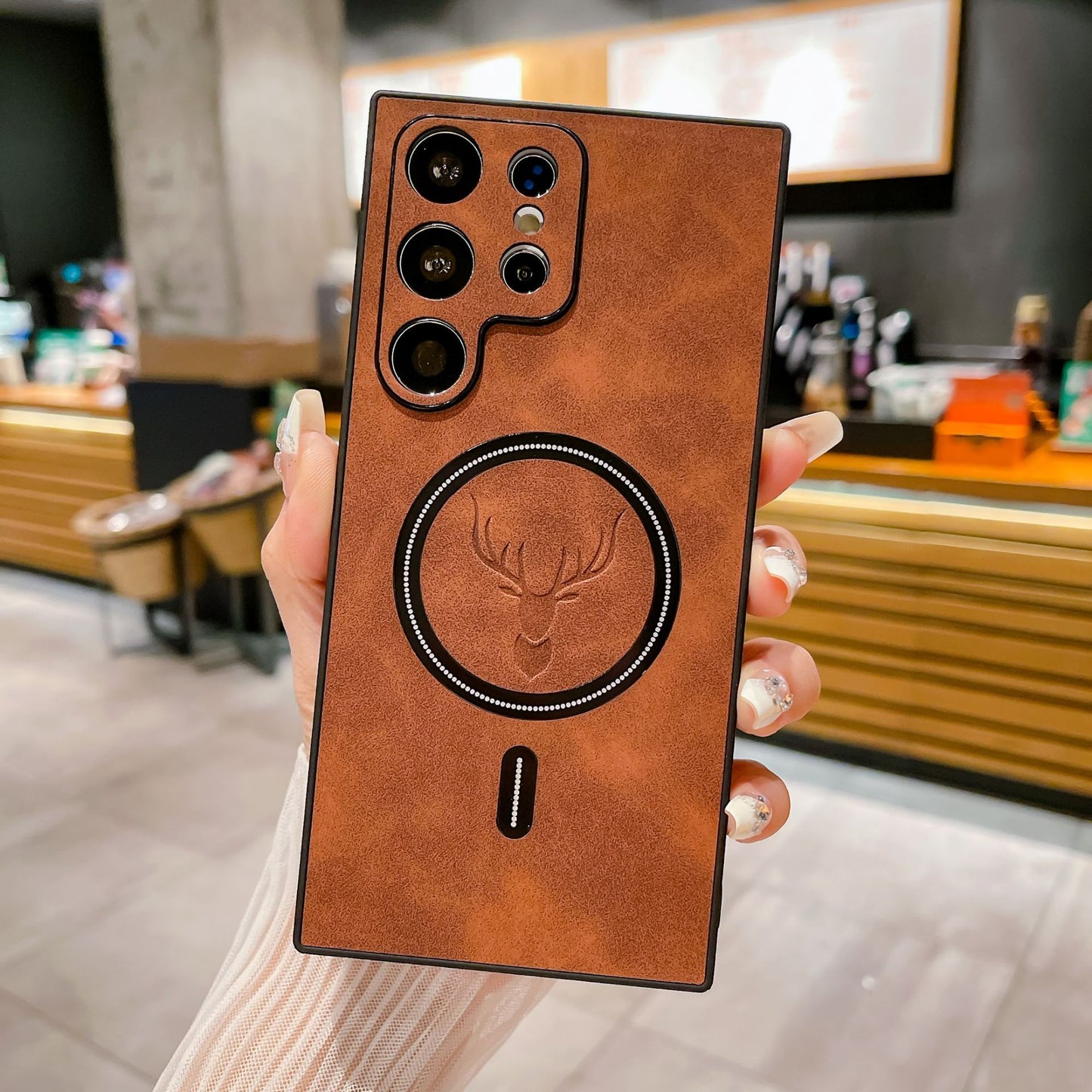 S23 Deer Head Magnetic Wireless Charger Leather Pattern Phone Case