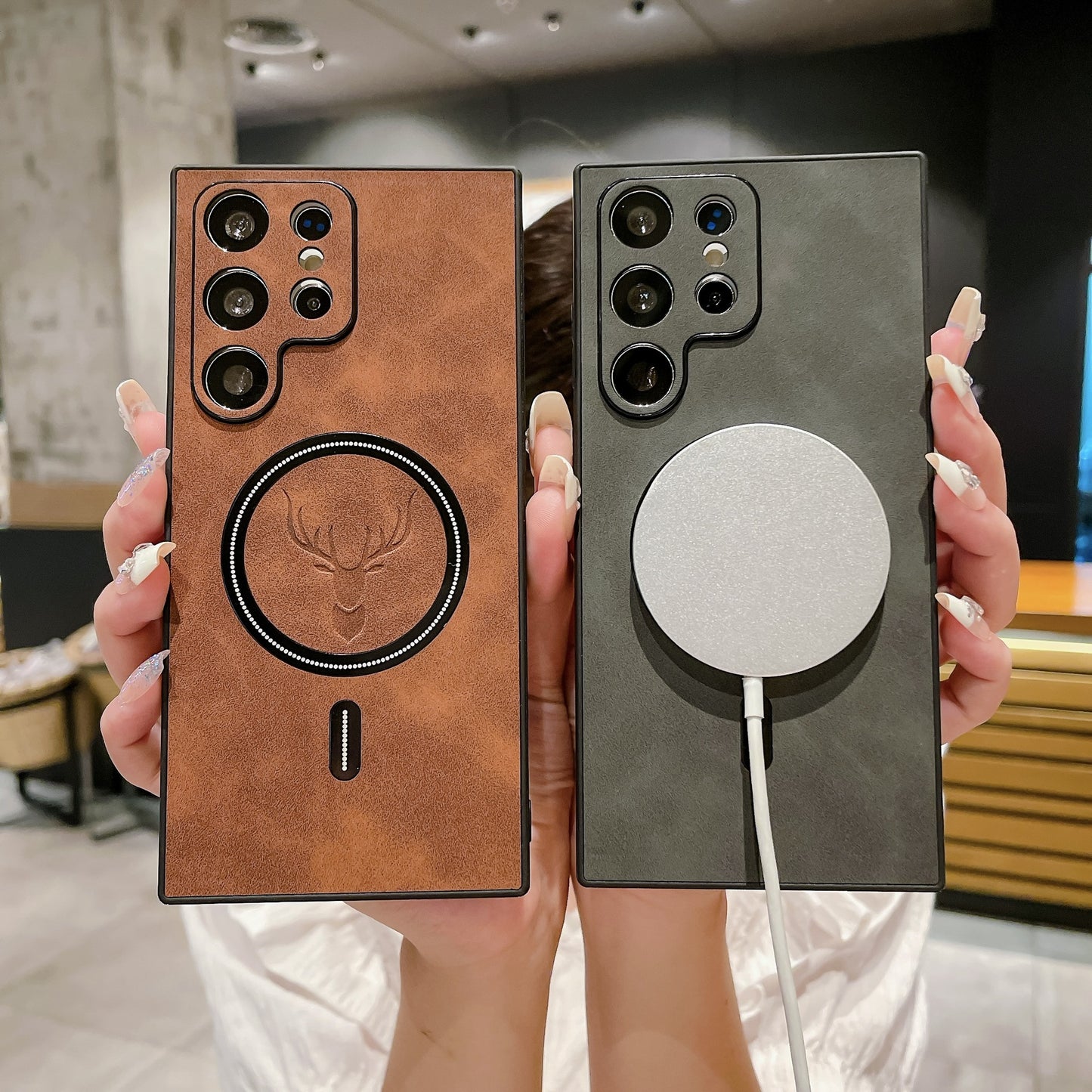 S23 Deer Head Magnetic Wireless Charger Leather Pattern Phone Case