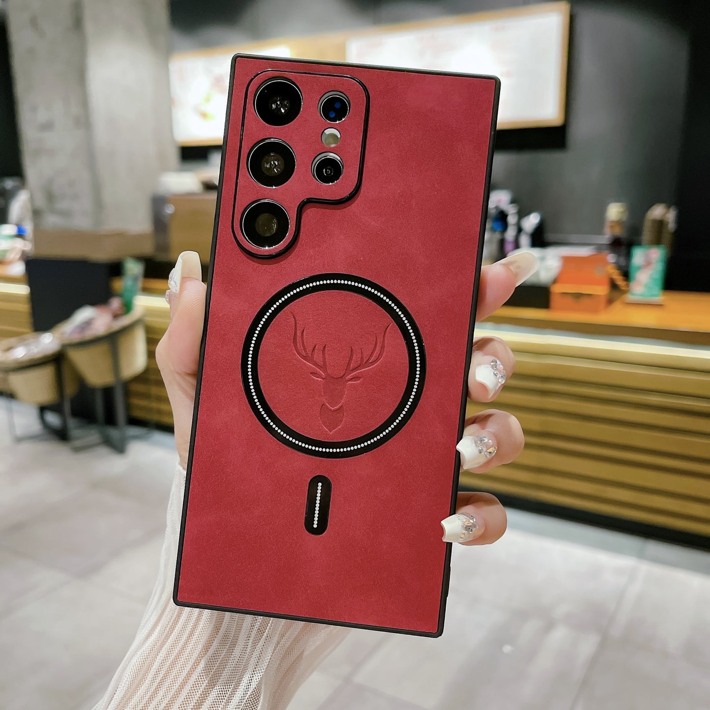 S23 Deer Head Magnetic Wireless Charger Leather Pattern Phone Case