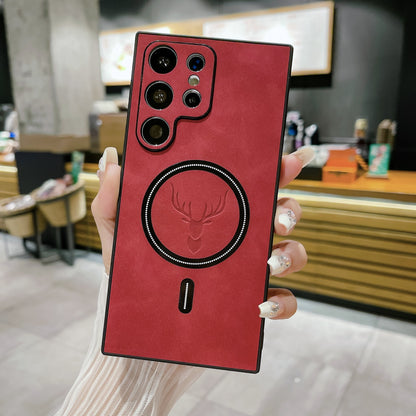 S23 Deer Head Magnetic Wireless Charger Leather Pattern Phone Case