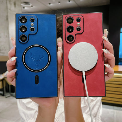 S23 Deer Head Magnetic Wireless Charger Leather Pattern Phone Case